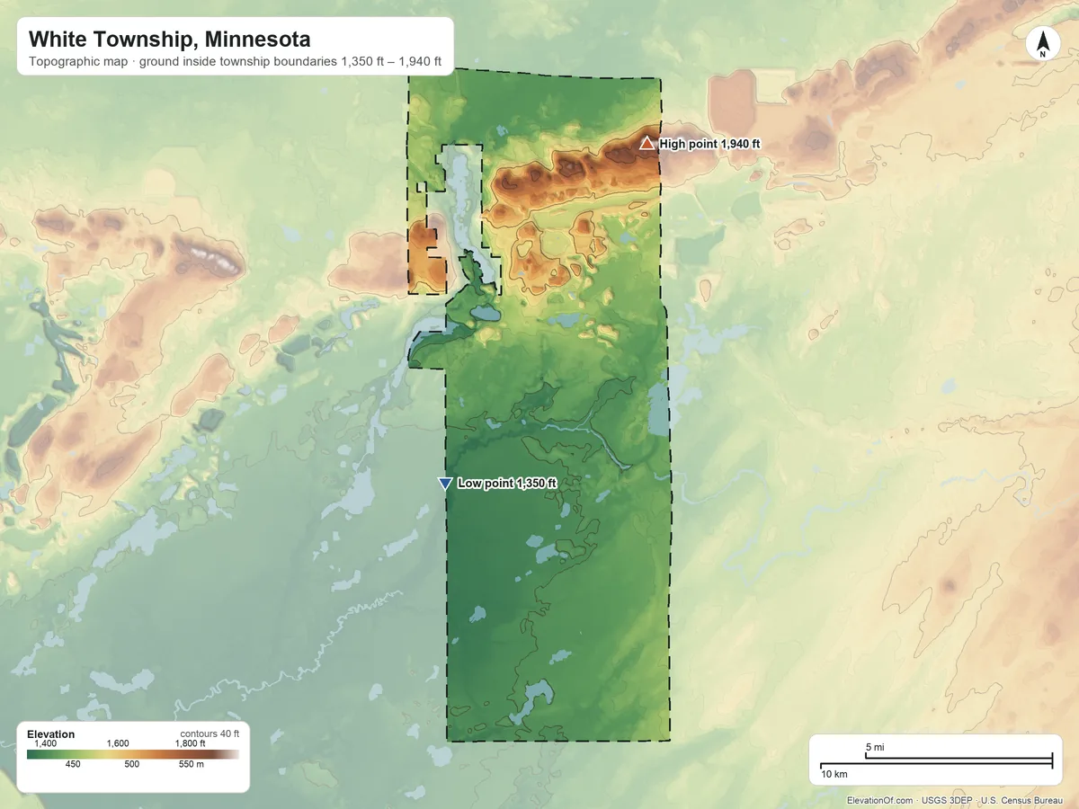 Topographic elevation map of White Township, Minnesota, shaded from 1,350 ft on the southwest side to 1,940 ft on the north side