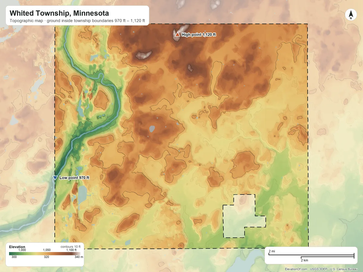 Topographic elevation map of Whited Township, Minnesota, shaded from 970 ft on the west side to 1,120 ft on the north side
