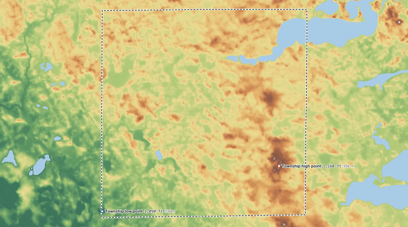 Topographic elevation map of Whitefield Township, Minnesota, shaded from 1,090 ft on the southwest side to 1,160 ft on the southeast side