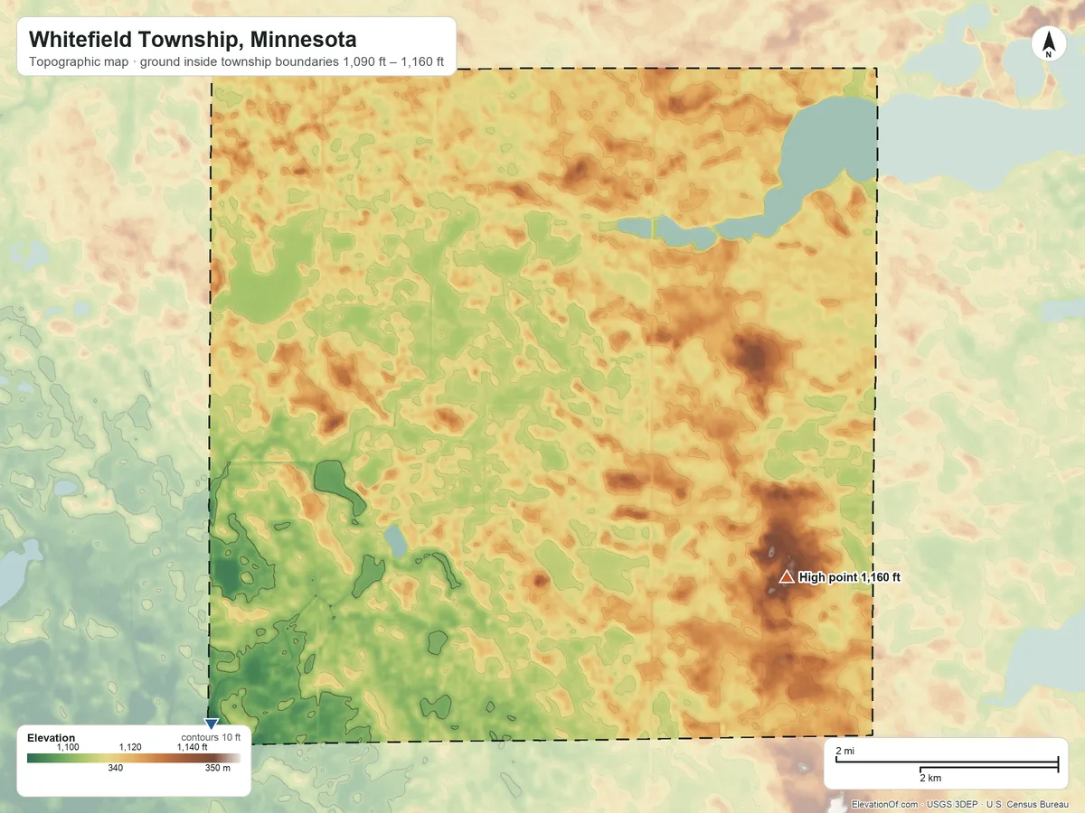 Topographic elevation map of Whitefield Township, Minnesota, shaded from 1,090 ft on the southwest side to 1,160 ft on the southeast side