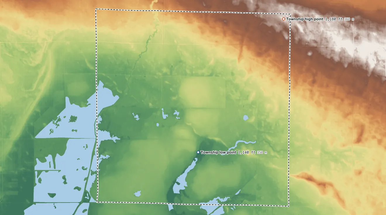 Topographic elevation map of Whiteford Township, Minnesota, shaded from 1,140 ft on the south side to 1,180 ft on the east side