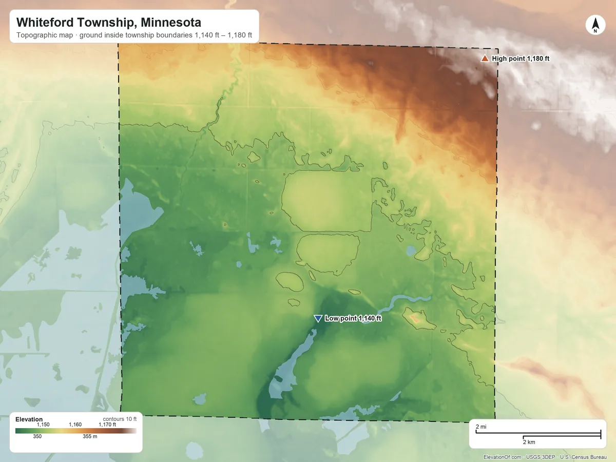 Topographic elevation map of Whiteford Township, Minnesota, shaded from 1,140 ft on the south side to 1,180 ft on the east side