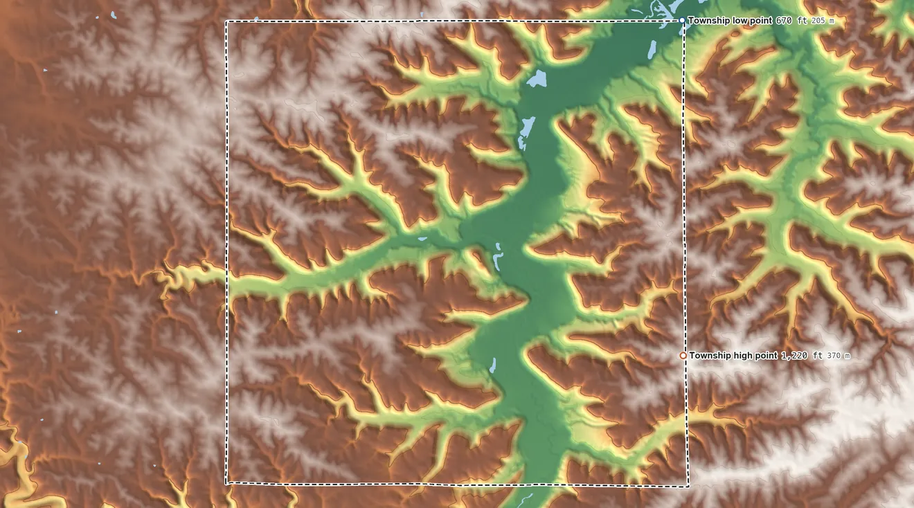 Topographic elevation map of Whitewater Township, Minnesota, shaded from 670 ft on the northeast side to 1,220 ft on the east side