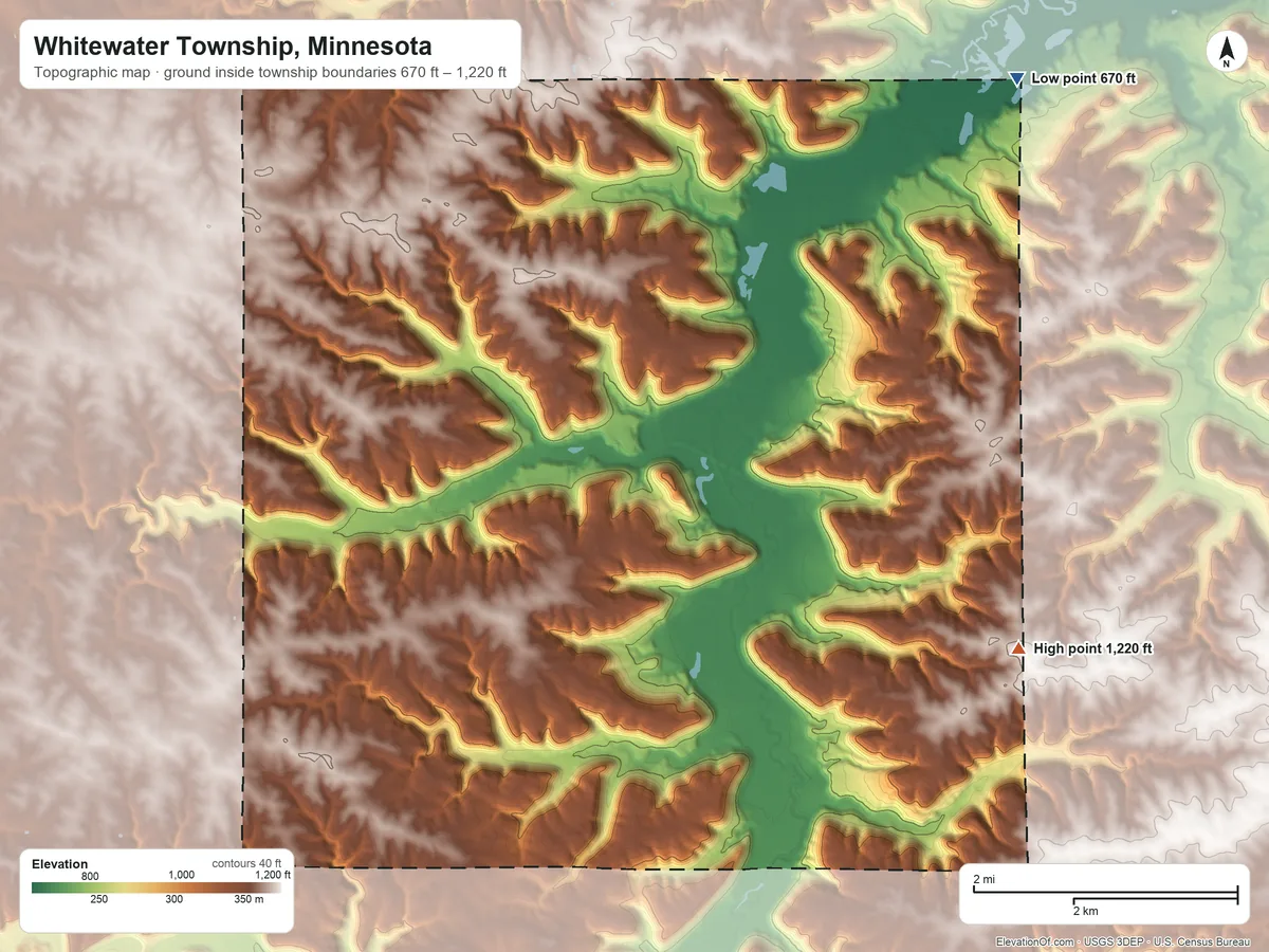 Topographic elevation map of Whitewater Township, Minnesota, shaded from 670 ft on the northeast side to 1,220 ft on the east side