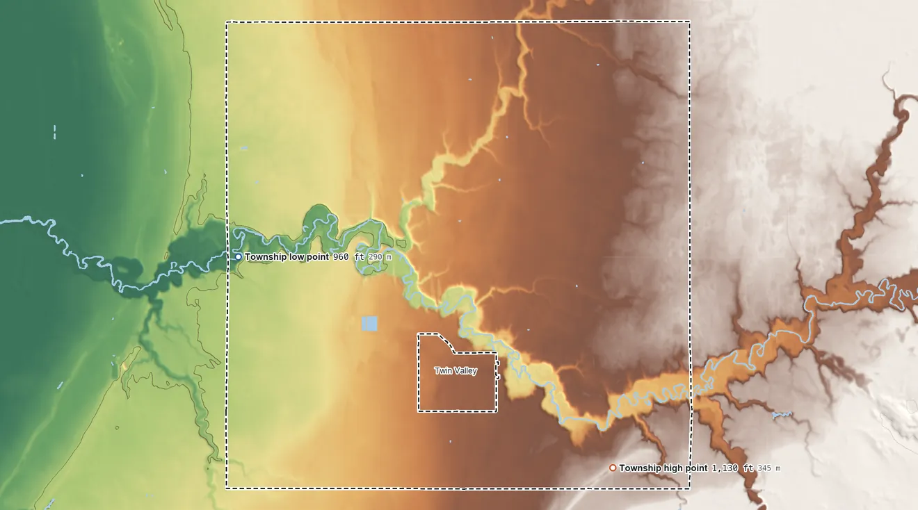 Topographic elevation map of Wild Rice Township, Minnesota, shaded from 960 ft on the west side to 1,130 ft on the southeast side
