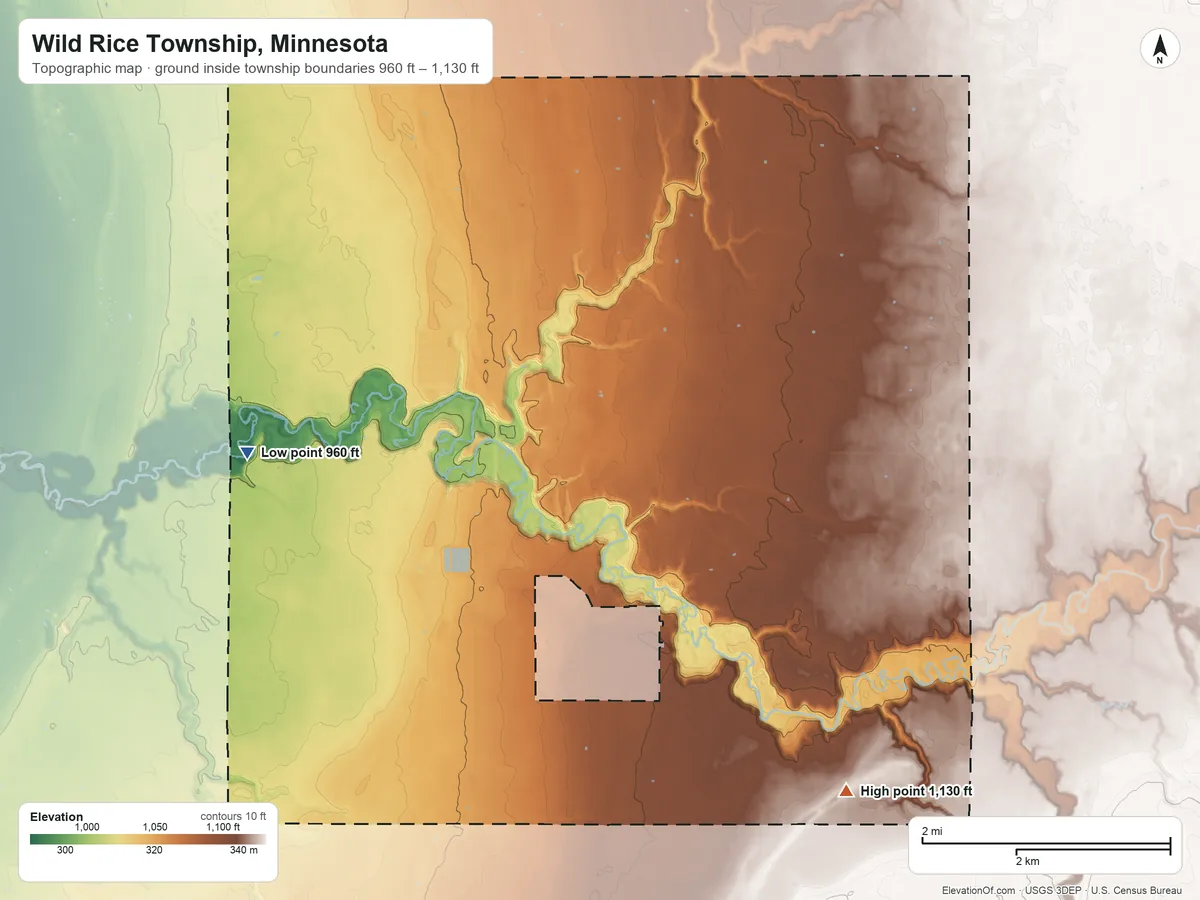 Topographic elevation map of Wild Rice Township, Minnesota, shaded from 960 ft on the west side to 1,130 ft on the southeast side