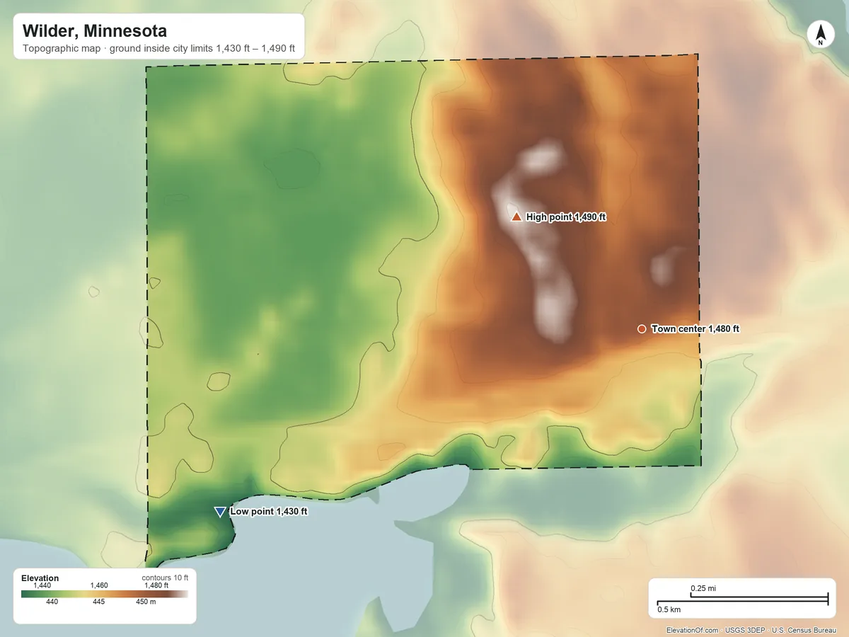 Topographic elevation map of Wilder, Minnesota, shaded from 1,430 ft on the southwest side to 1,490 ft on the northwest side