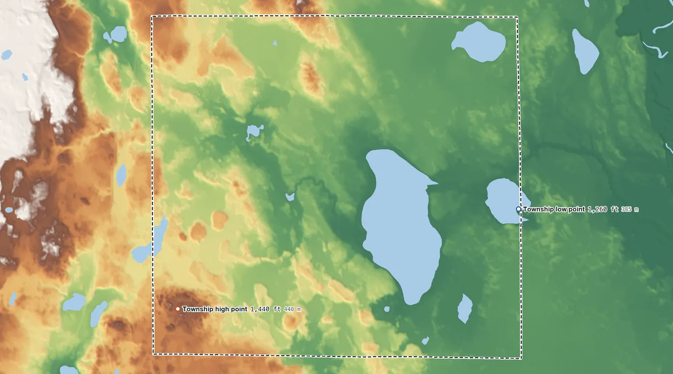 Topographic elevation map of Wildwood Township, Minnesota, shaded from 1,260 ft on the east side to 1,440 ft on the southwest side