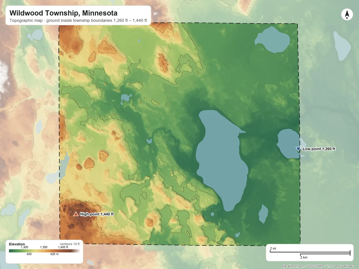 Topographic elevation map of Wildwood Township, Minnesota, shaded from 1,260 ft on the east side to 1,440 ft on the southwest side