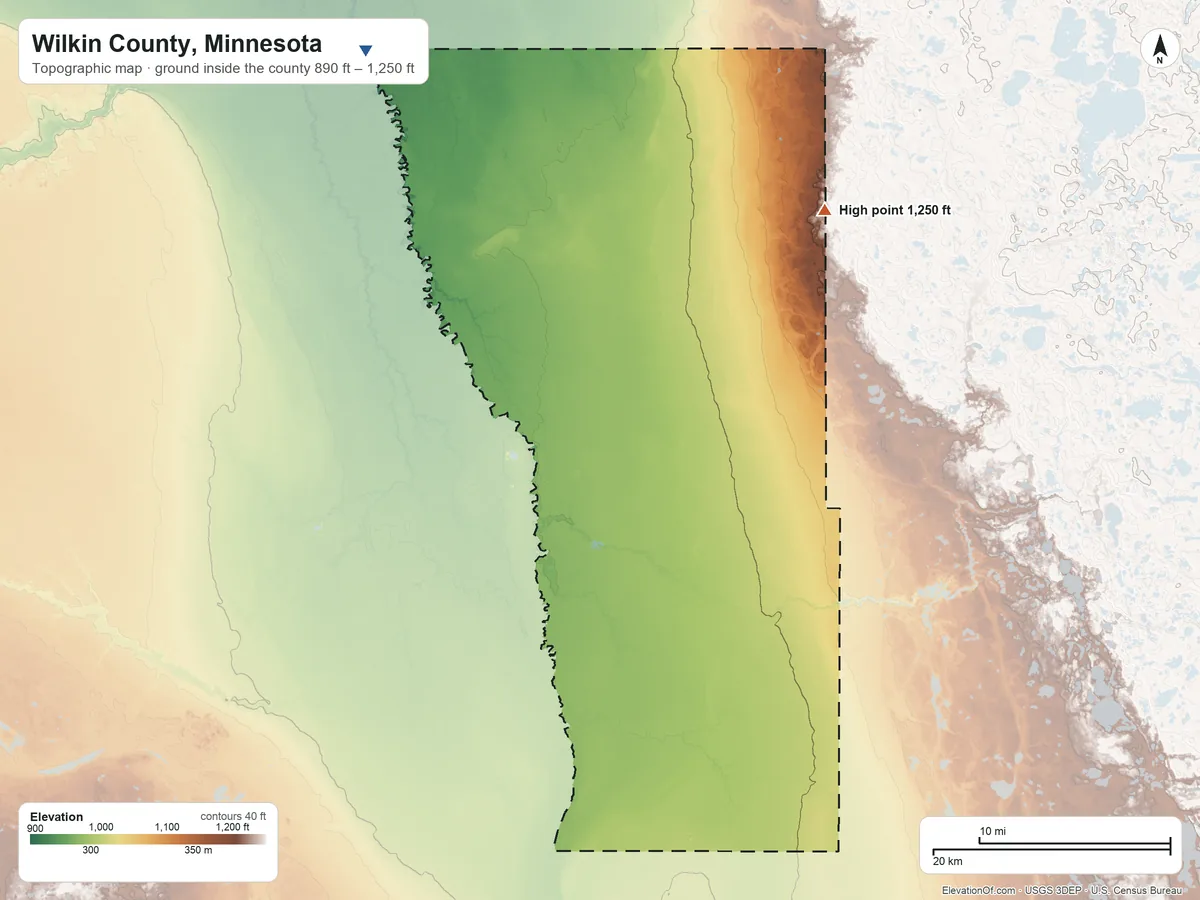 Topographic elevation map of Wilkin County, Minnesota, shaded from 890 ft on the northwest side to 1,250 ft on the northeast side
