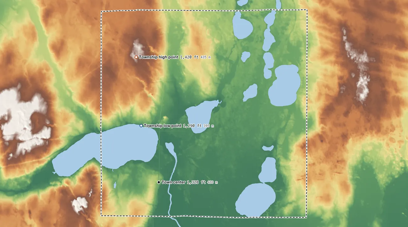 Topographic elevation map of Wilkinson Township, Minnesota, shaded from 1,290 ft on the north side to 1,420 ft on the north side