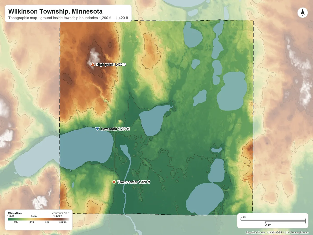 Topographic elevation map of Wilkinson Township, Minnesota, shaded from 1,290 ft on the north side to 1,420 ft on the north side