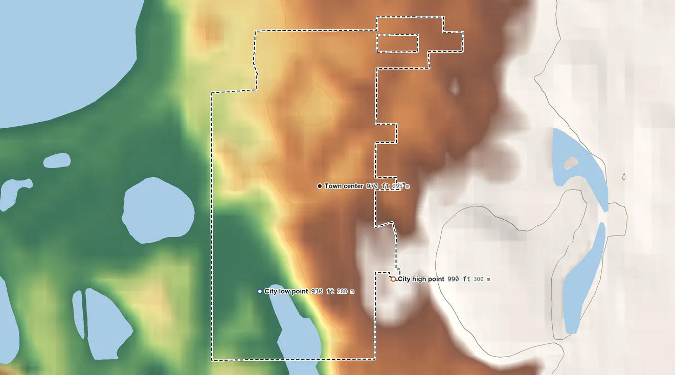 Topographic elevation map of Willernie, Minnesota, shaded from 930 ft on the southwest side to 990 ft on the southeast side