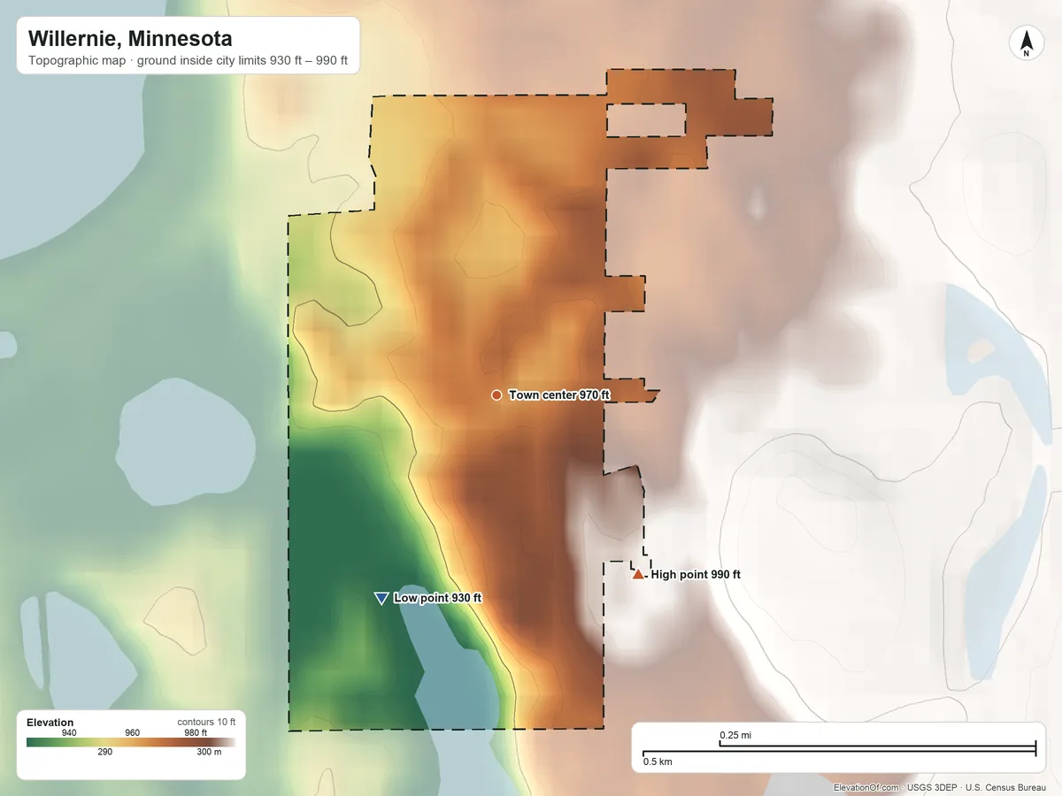 Topographic elevation map of Willernie, Minnesota, shaded from 930 ft on the southwest side to 990 ft on the southeast side