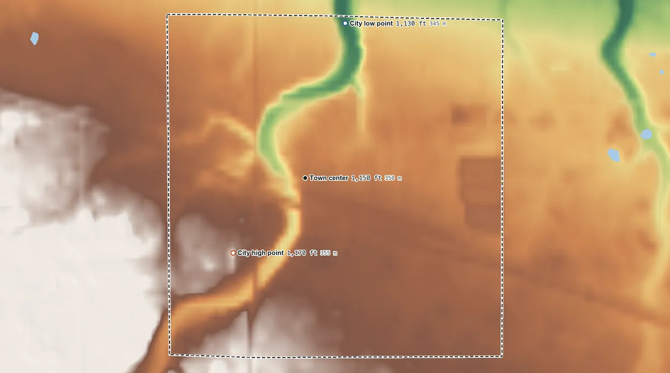 Topographic elevation map of Williams, Minnesota, shaded from 1,130 ft on the north side to 1,170 ft on the southwest side