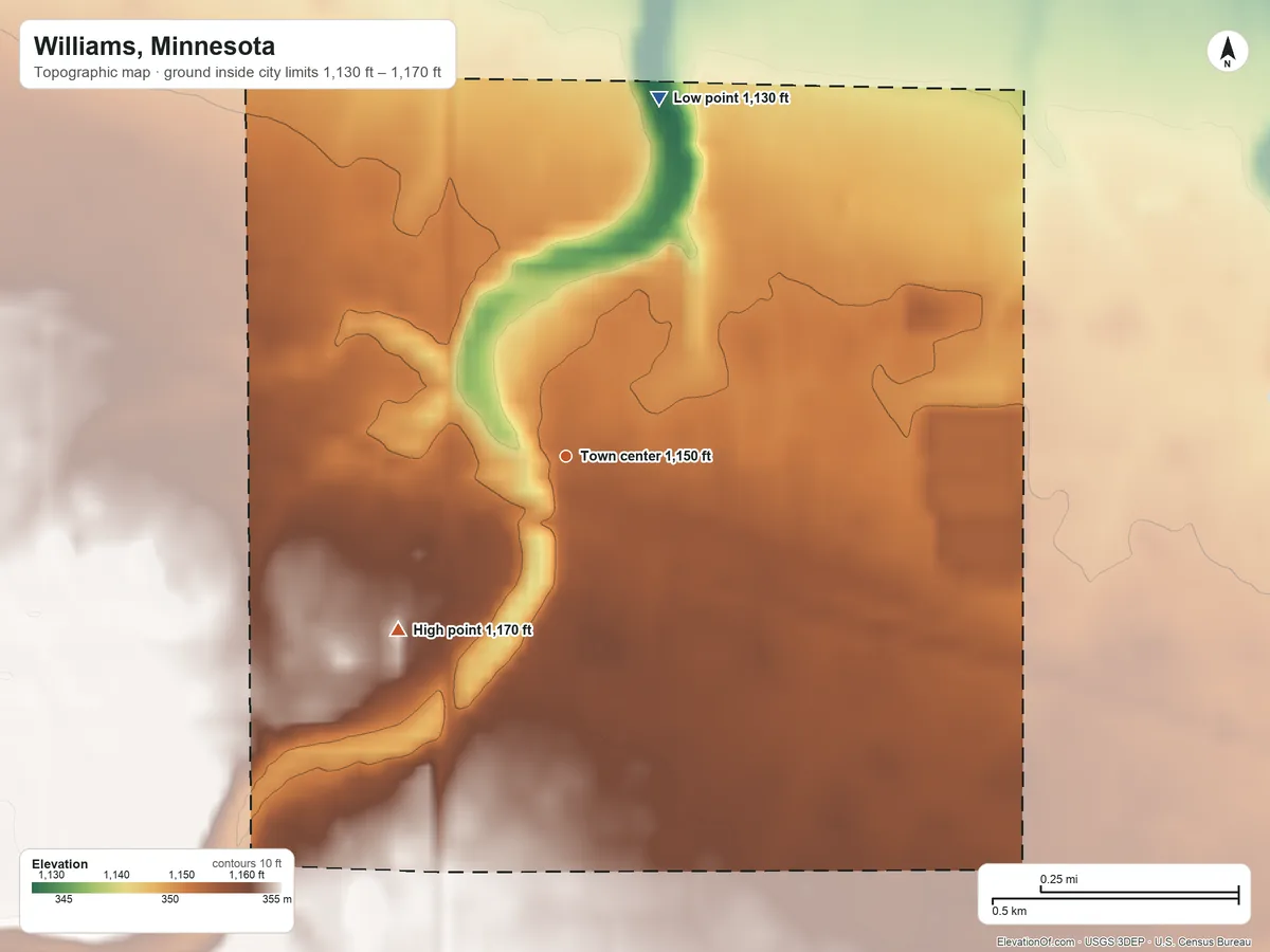 Topographic elevation map of Williams, Minnesota, shaded from 1,130 ft on the north side to 1,170 ft on the southwest side