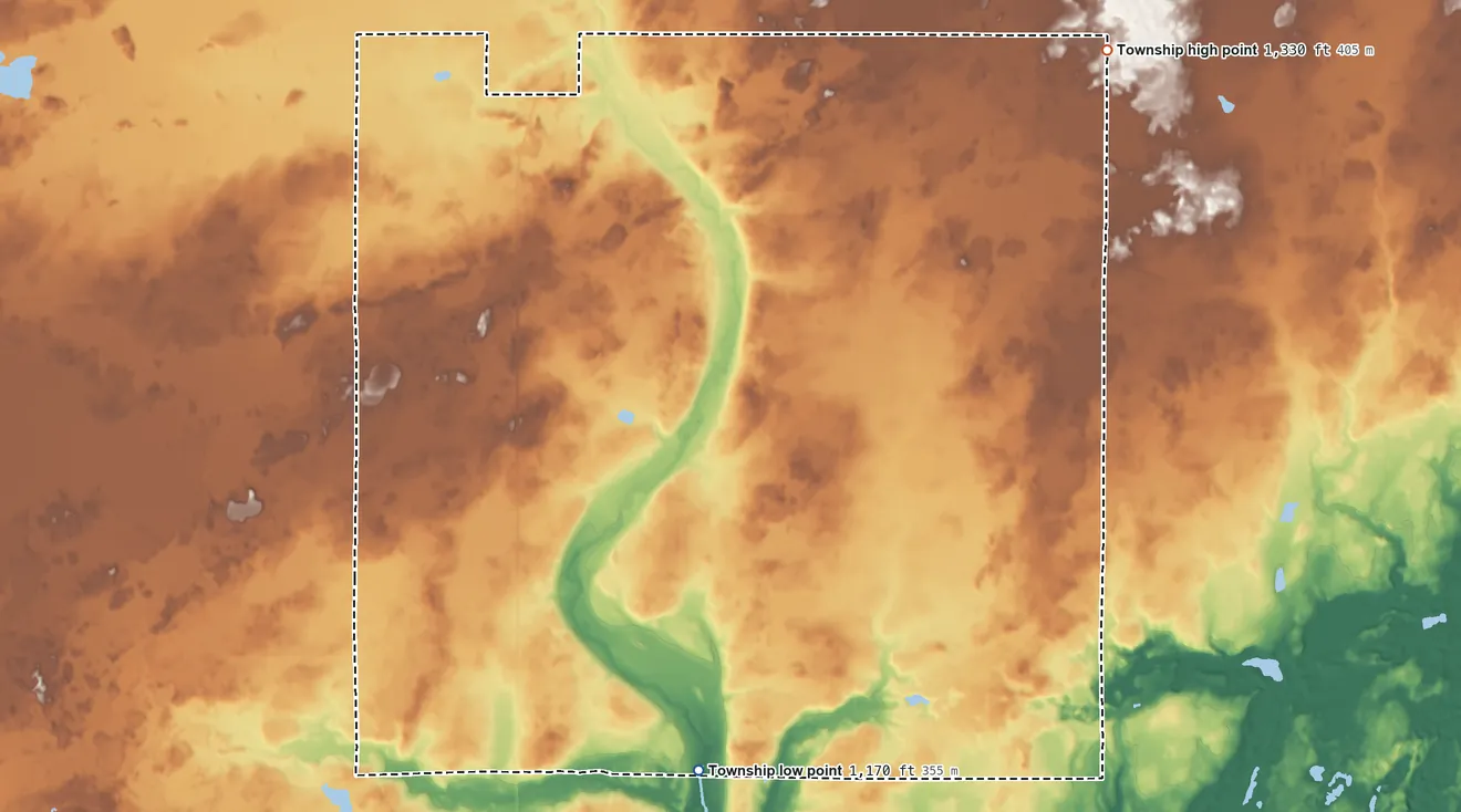 Topographic elevation map of Williams Township, Minnesota, shaded from 1,170 ft on the south side to 1,330 ft on the northeast side