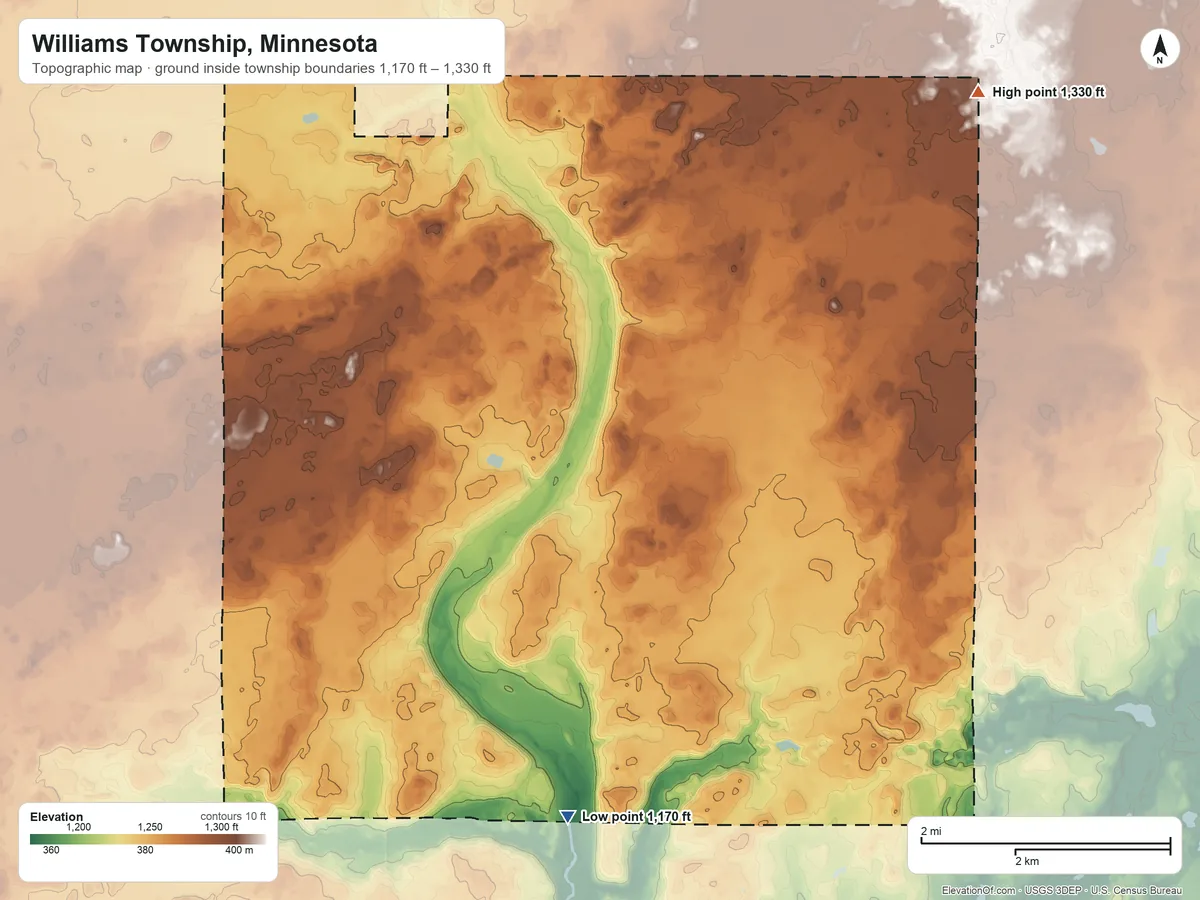 Topographic elevation map of Williams Township, Minnesota, shaded from 1,170 ft on the south side to 1,330 ft on the northeast side
