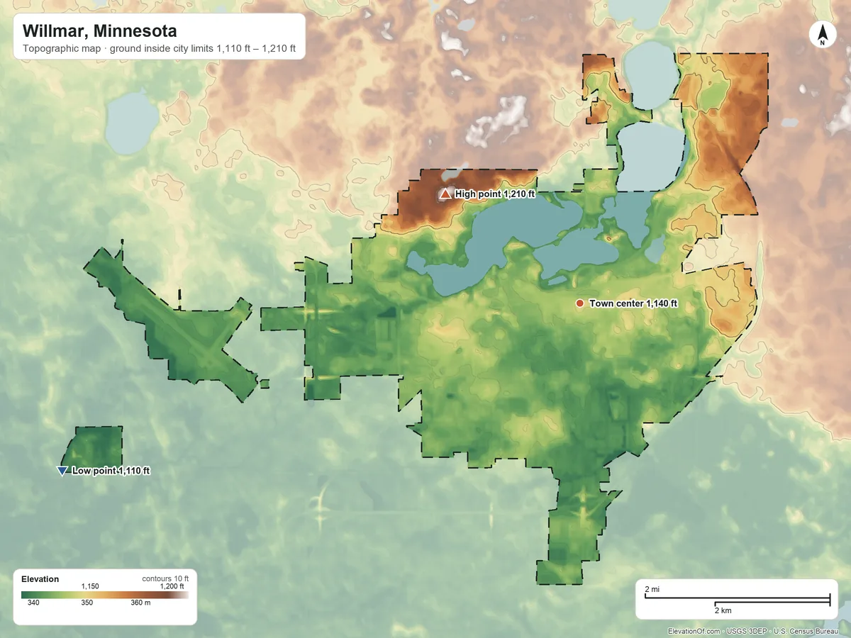 Topographic elevation map of Willmar, Minnesota, shaded from 1,110 ft on the west side to 1,210 ft on the northwest side