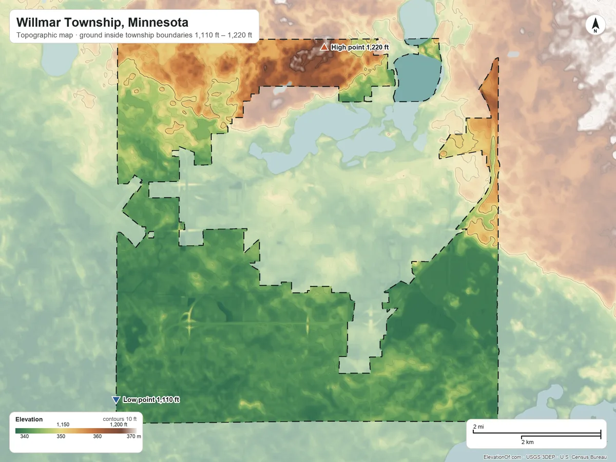 Topographic elevation map of Willmar Township, Minnesota, shaded from 1,110 ft on the southwest side to 1,220 ft on the northeast side