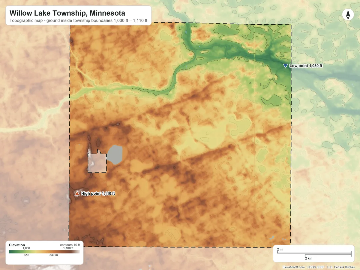 Topographic elevation map of Willow Lake Township, Minnesota, shaded from 1,030 ft on the northeast side to 1,110 ft on the southwest side