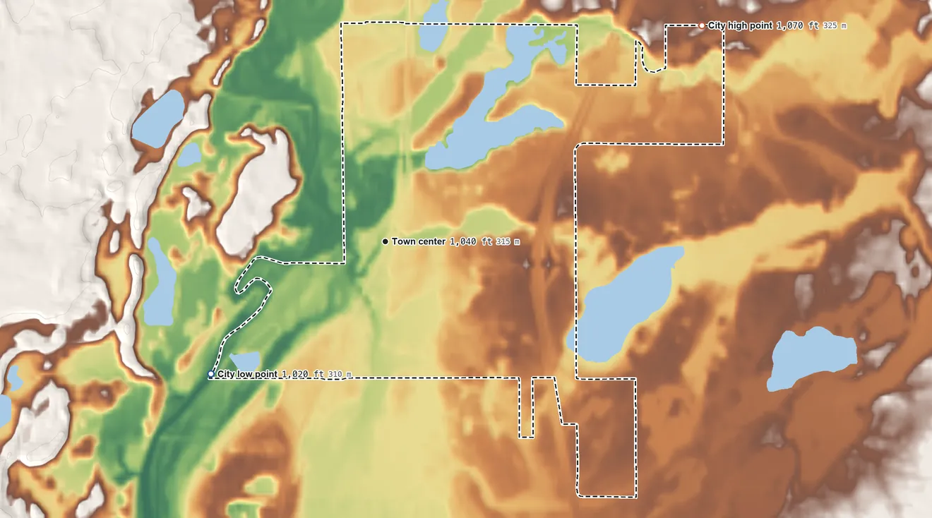 Topographic elevation map of Willow River, Minnesota, shaded from 1,020 ft on the southwest side to 1,070 ft on the northeast side