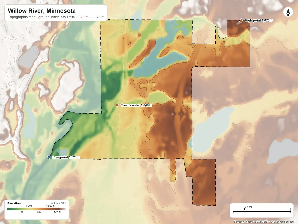 Topographic elevation map of Willow River, Minnesota, shaded from 1,020 ft on the southwest side to 1,070 ft on the northeast side