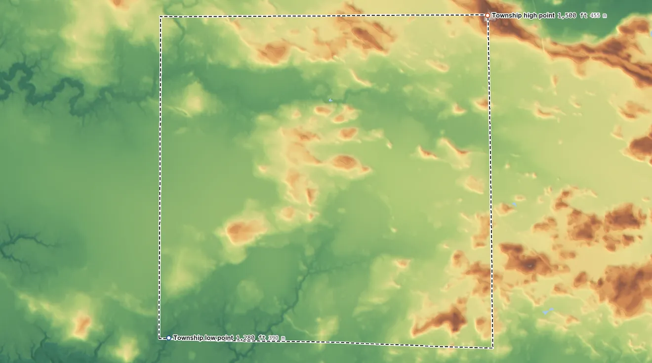 Topographic elevation map of Willow Valley Township, Minnesota, shaded from 1,280 ft on the southwest side to 1,500 ft on the northeast side
