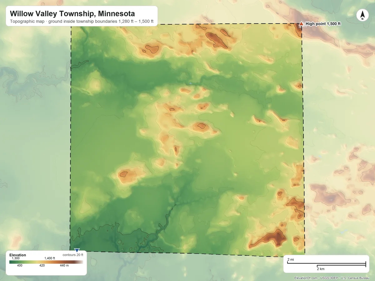 Topographic elevation map of Willow Valley Township, Minnesota, shaded from 1,280 ft on the southwest side to 1,500 ft on the northeast side