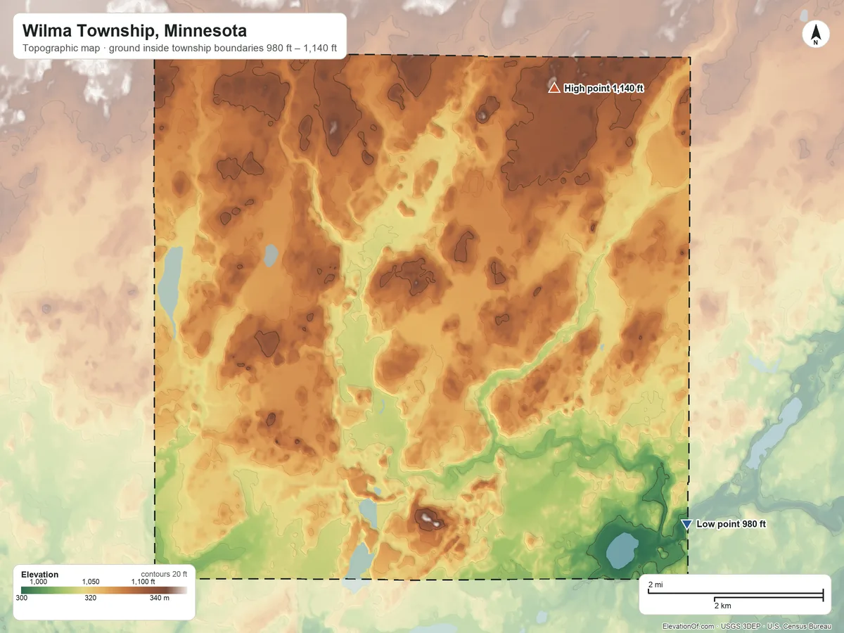 Topographic elevation map of Wilma Township, Minnesota, shaded from 980 ft on the southeast side to 1,140 ft on the northeast side