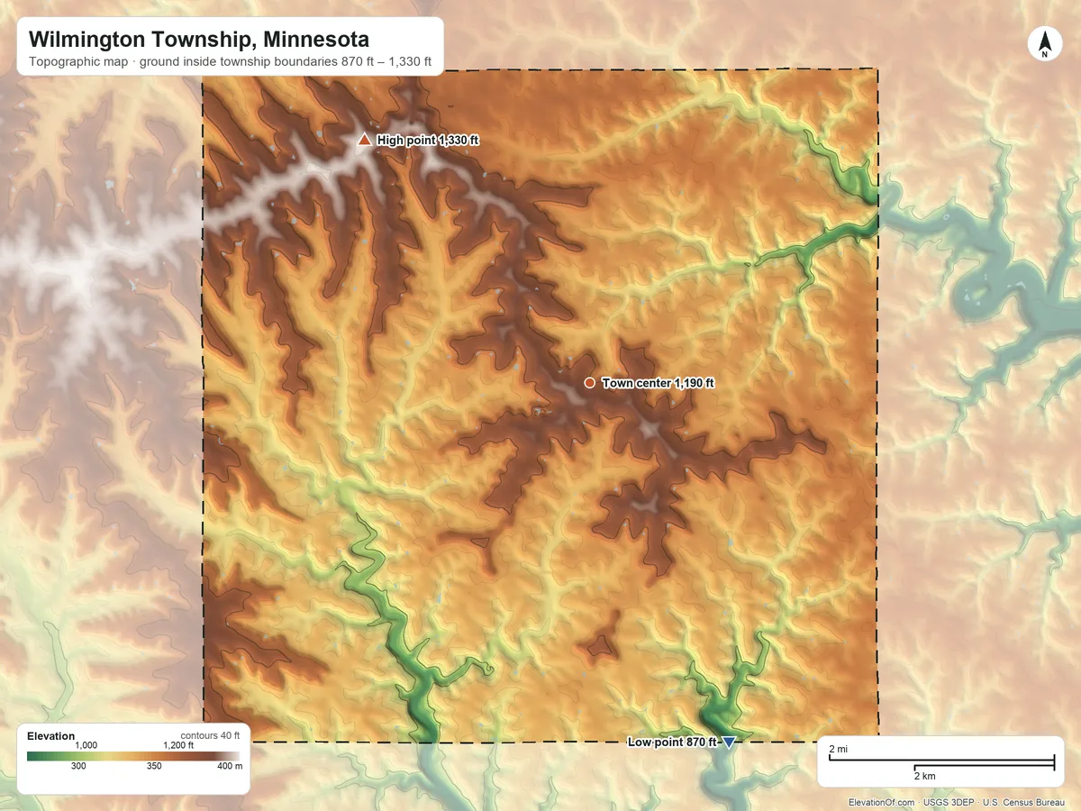 Topographic elevation map of Wilmington Township, Minnesota, shaded from 870 ft on the south side to 1,330 ft on the northwest side