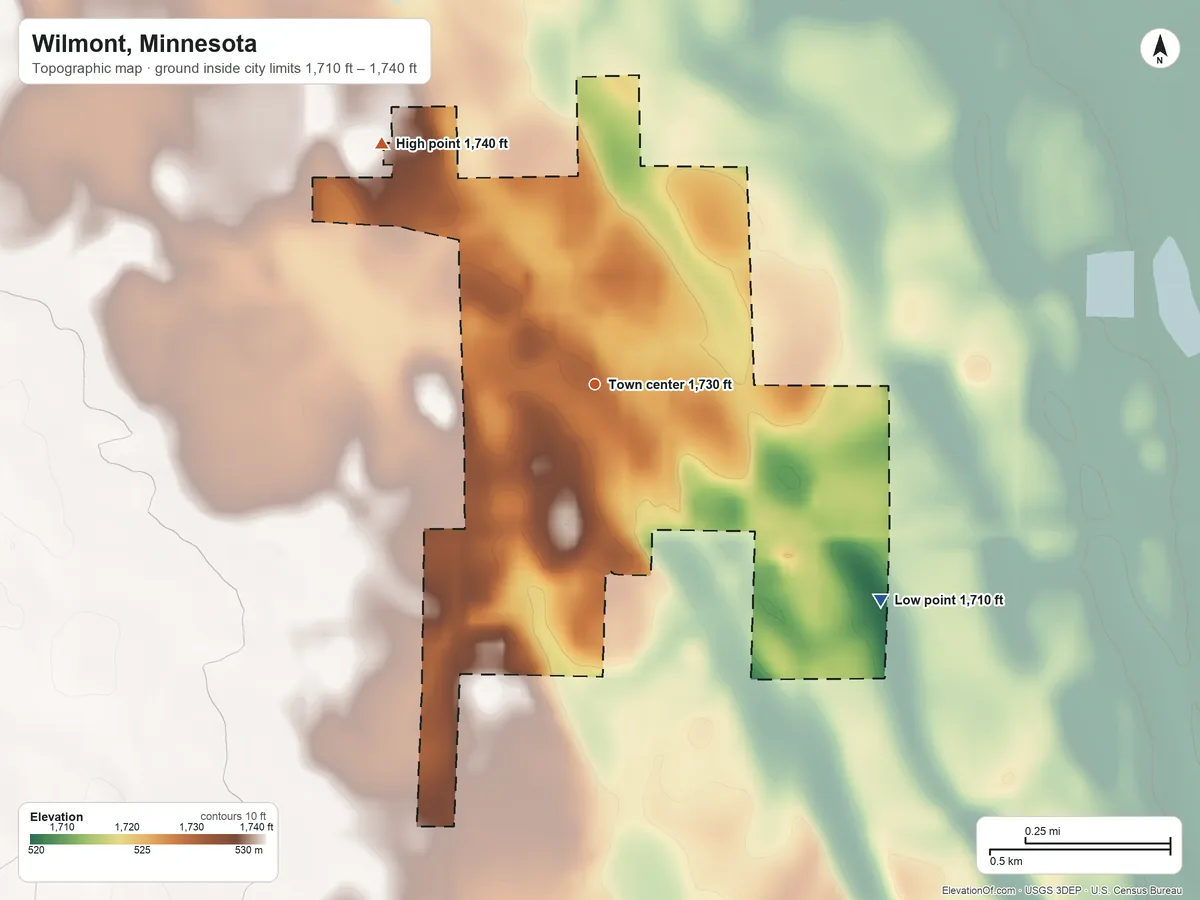 Topographic elevation map of Wilmont, Minnesota, shaded from 1,710 ft on the southeast side to 1,740 ft on the northwest side