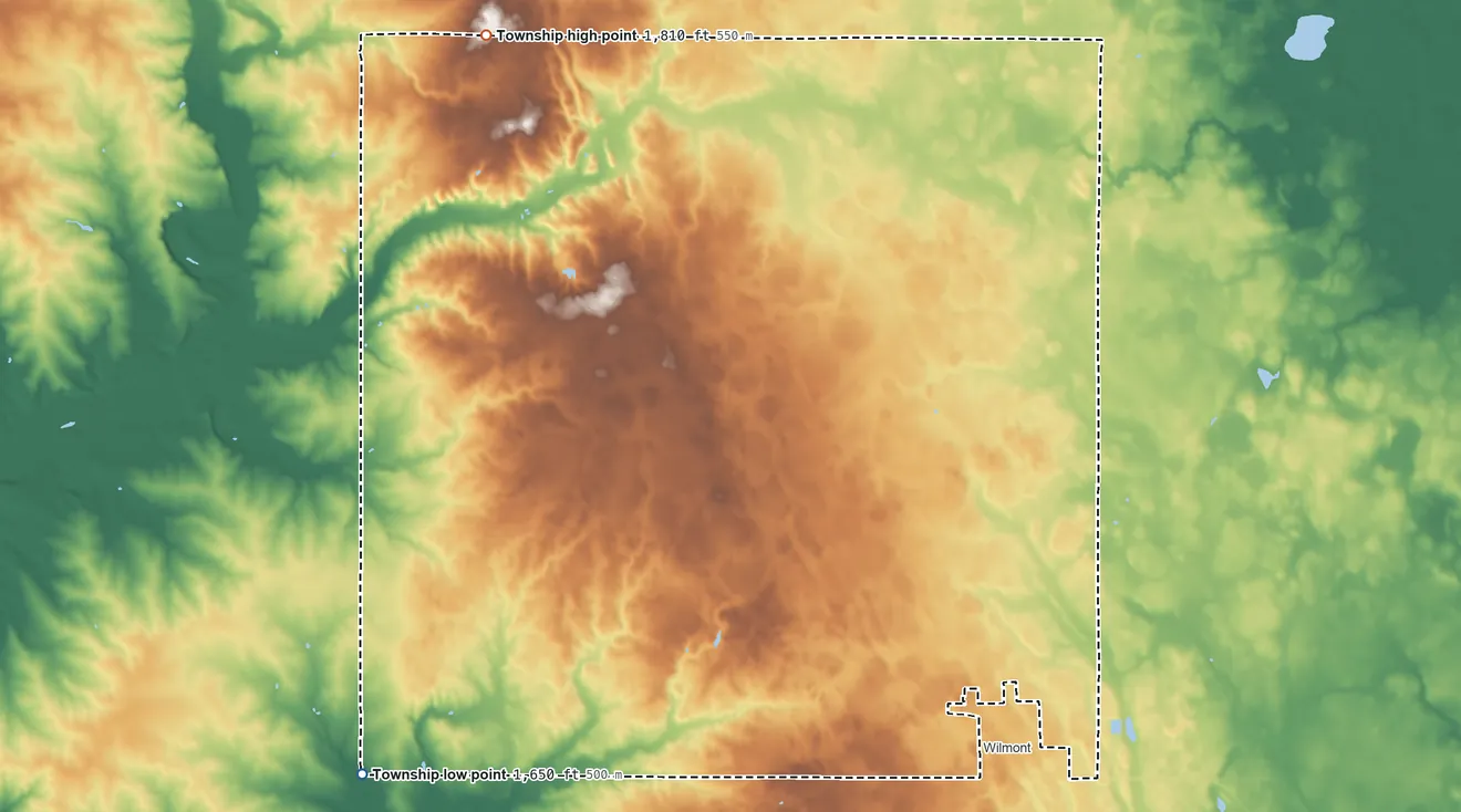 Topographic elevation map of Wilmont Township, Minnesota, shaded from 1,650 ft on the southwest side to 1,810 ft on the northwest side