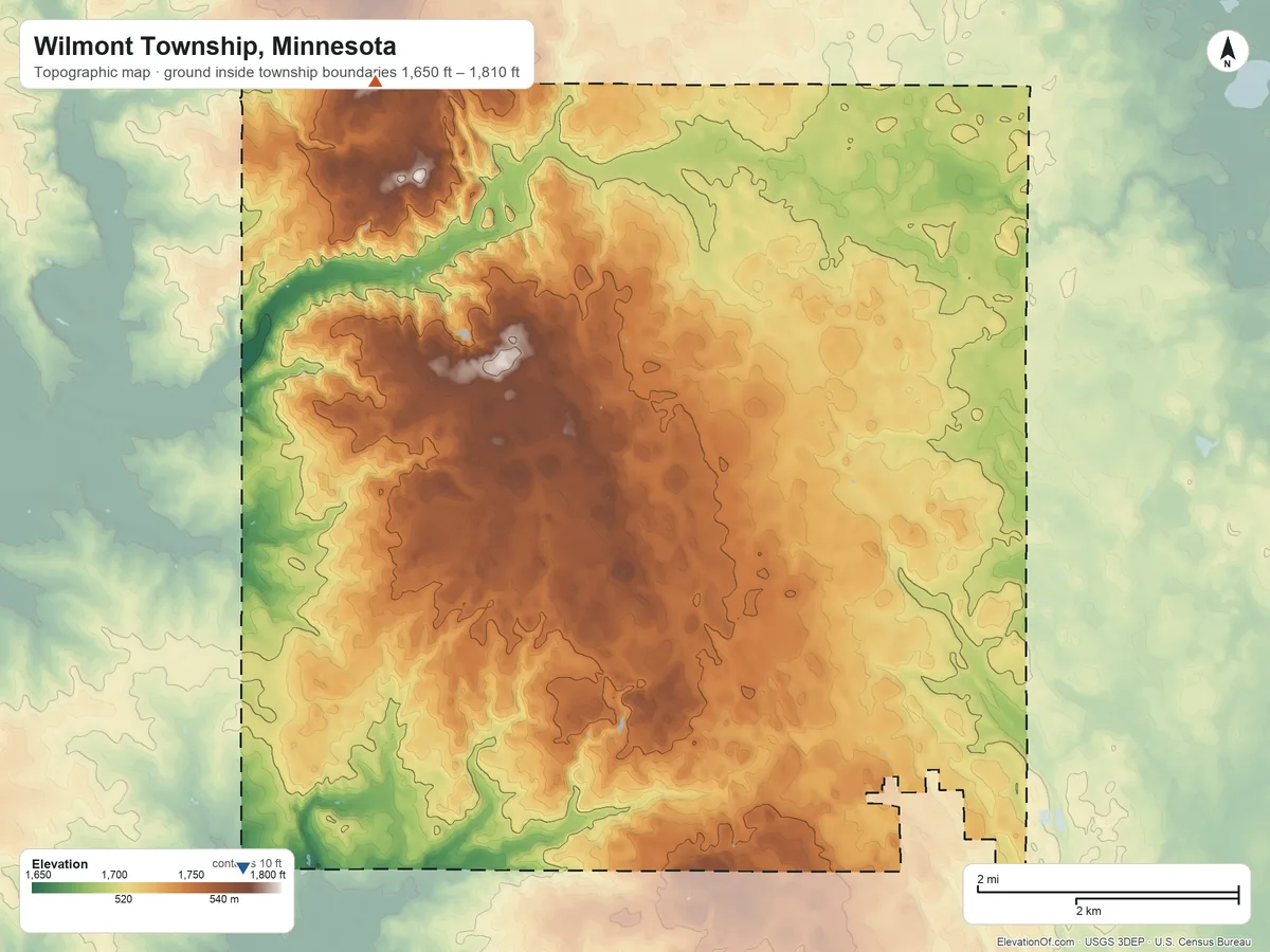 Topographic elevation map of Wilmont Township, Minnesota, shaded from 1,650 ft on the southwest side to 1,810 ft on the northwest side