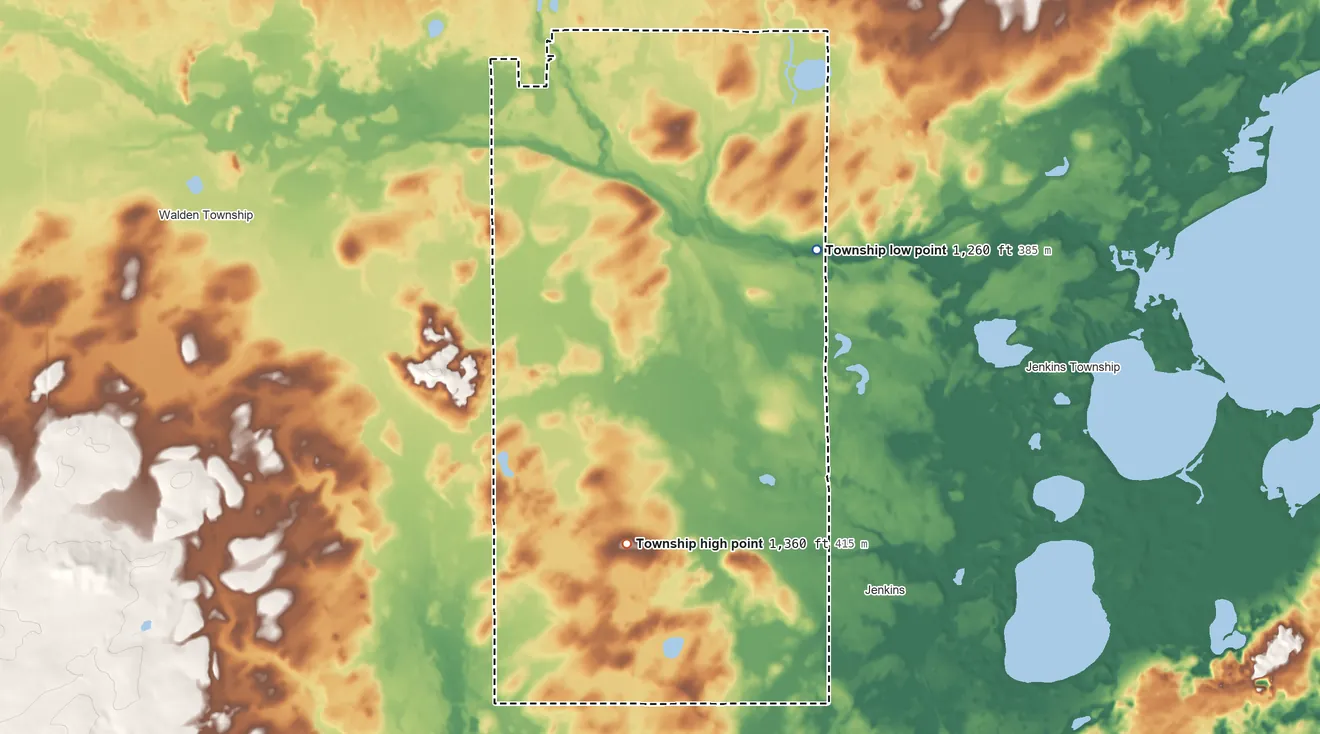 Topographic elevation map of Wilson Township, Cass County, Minnesota, shaded from 1,260 ft on the east side to 1,360 ft on the south side