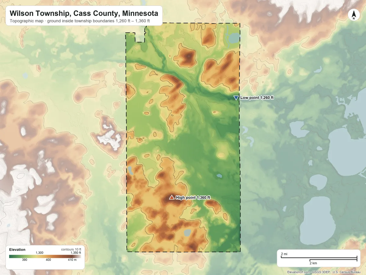 Topographic elevation map of Wilson Township, Cass County, Minnesota, shaded from 1,260 ft on the east side to 1,360 ft on the south side