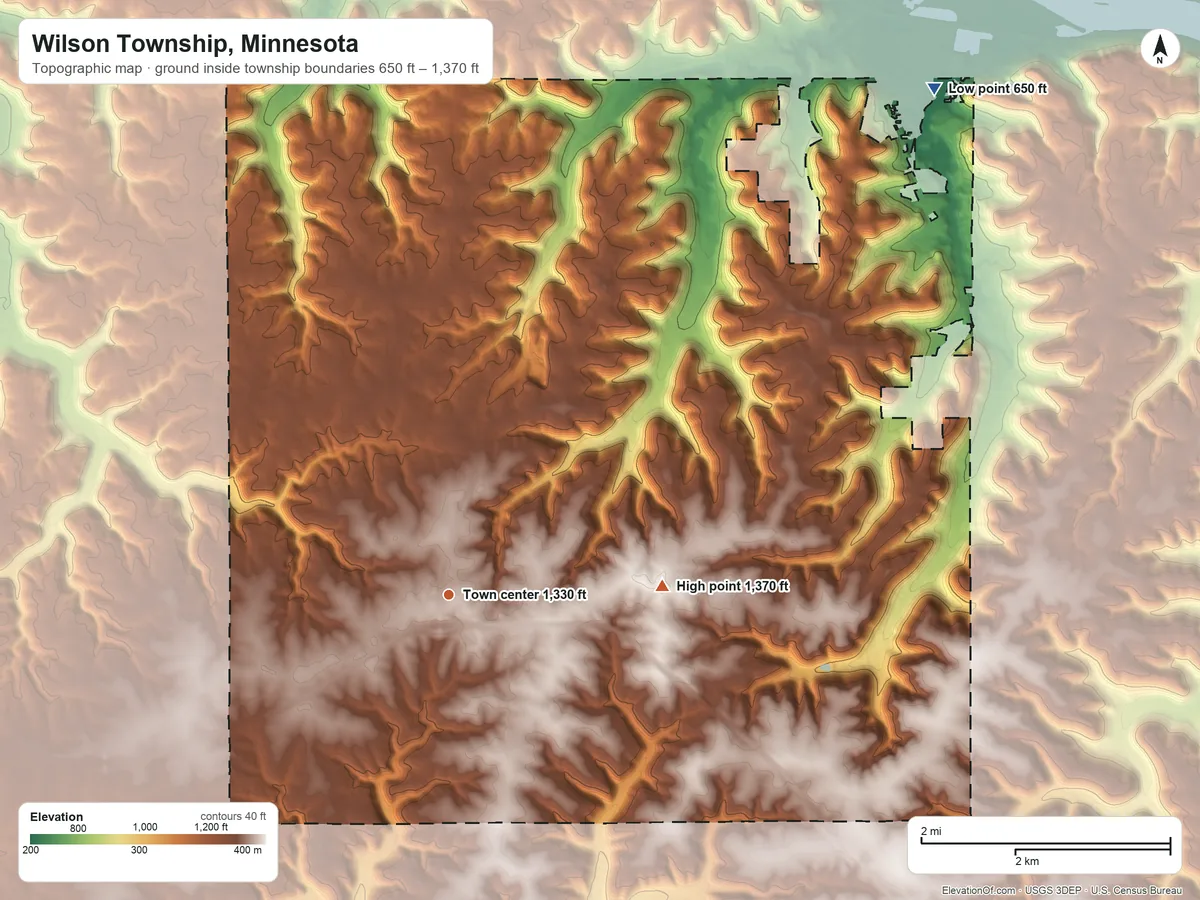 Topographic elevation map of Wilson Township, Minnesota, shaded from 650 ft on the northeast side to 1,370 ft on the east side
