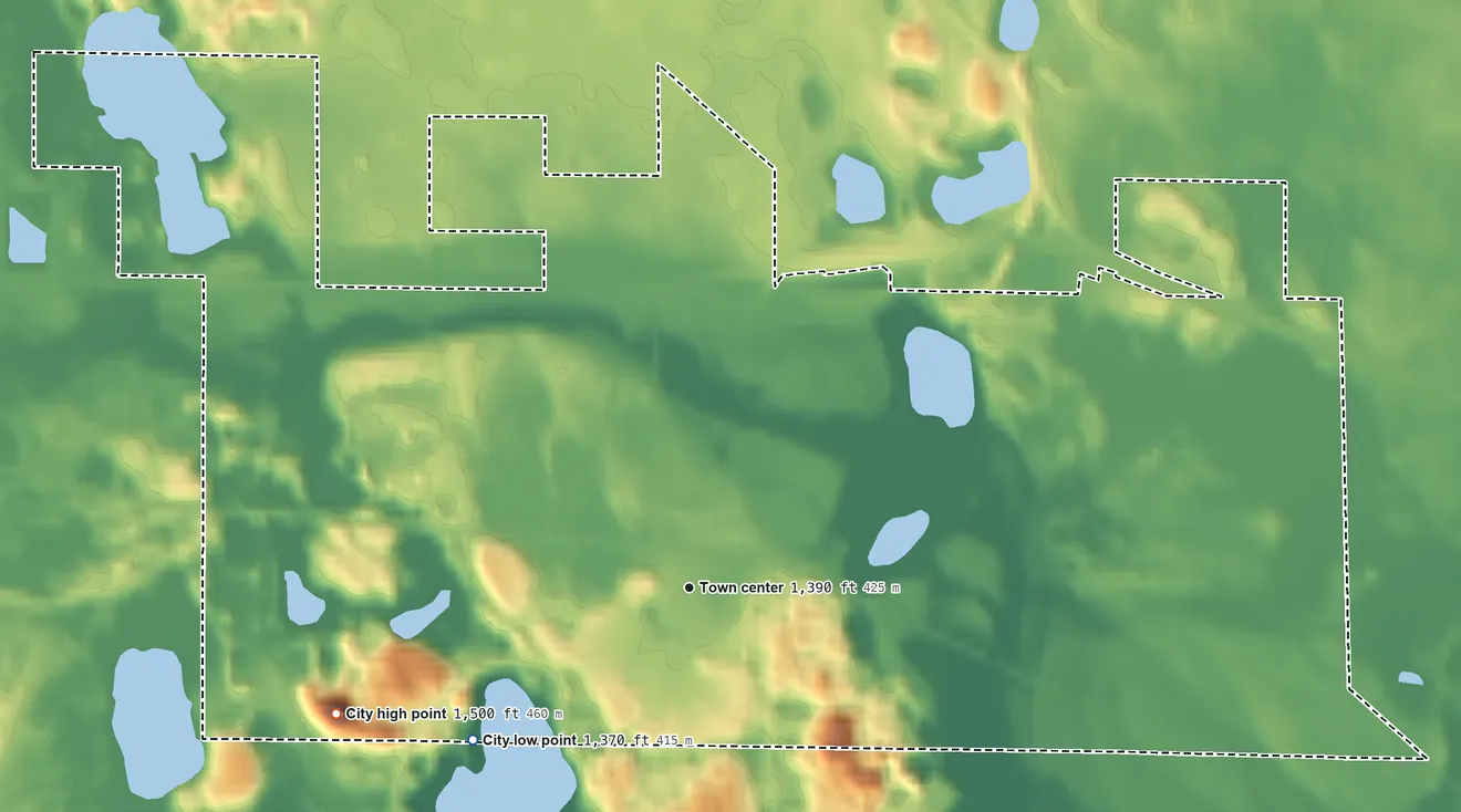 Topographic elevation map of Wilton, Minnesota, shaded from 1,370 ft on the southwest side to 1,500 ft on the west side