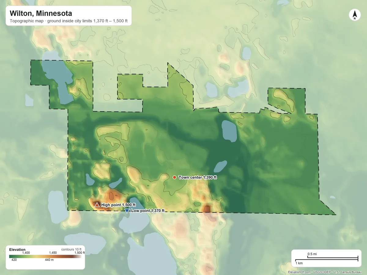 Topographic elevation map of Wilton, Minnesota, shaded from 1,370 ft on the southwest side to 1,500 ft on the west side