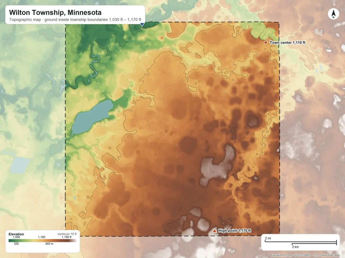 Topographic elevation map of Wilton Township, Minnesota, shaded from 1,030 ft on the west side to 1,170 ft on the south side