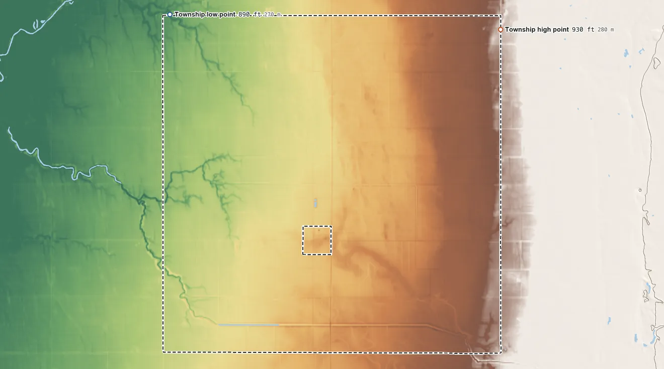 Topographic elevation map of Winchester Township, Minnesota, shaded from 890 ft on the northwest side to 930 ft on the northeast side