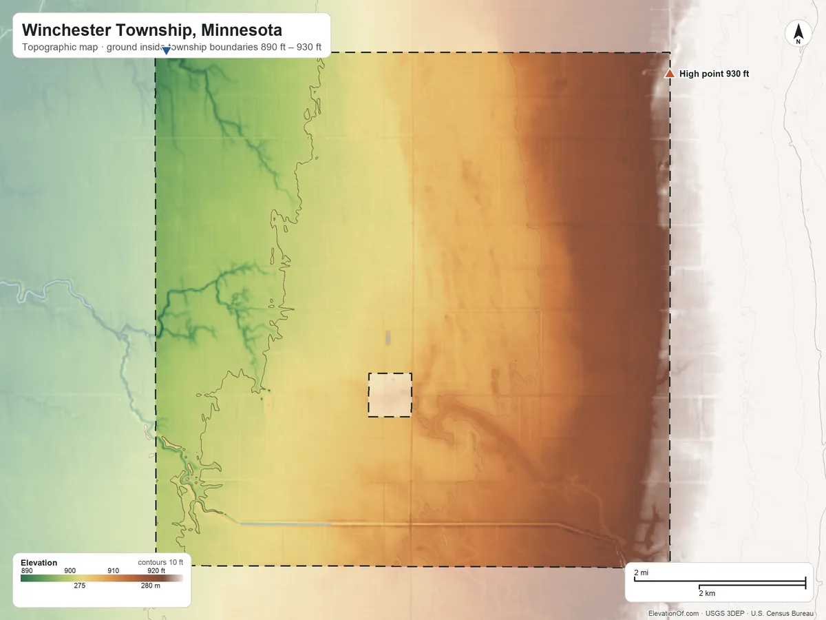 Topographic elevation map of Winchester Township, Minnesota, shaded from 890 ft on the northwest side to 930 ft on the northeast side