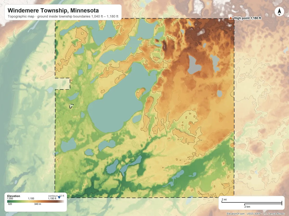 Topographic elevation map of Windemere Township, Minnesota, shaded from 1,040 ft on the southwest side to 1,180 ft on the northeast side