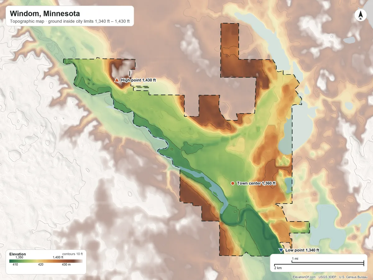 Topographic elevation map of Windom, Minnesota, shaded from 1,340 ft on the southeast side to 1,430 ft on the northwest side