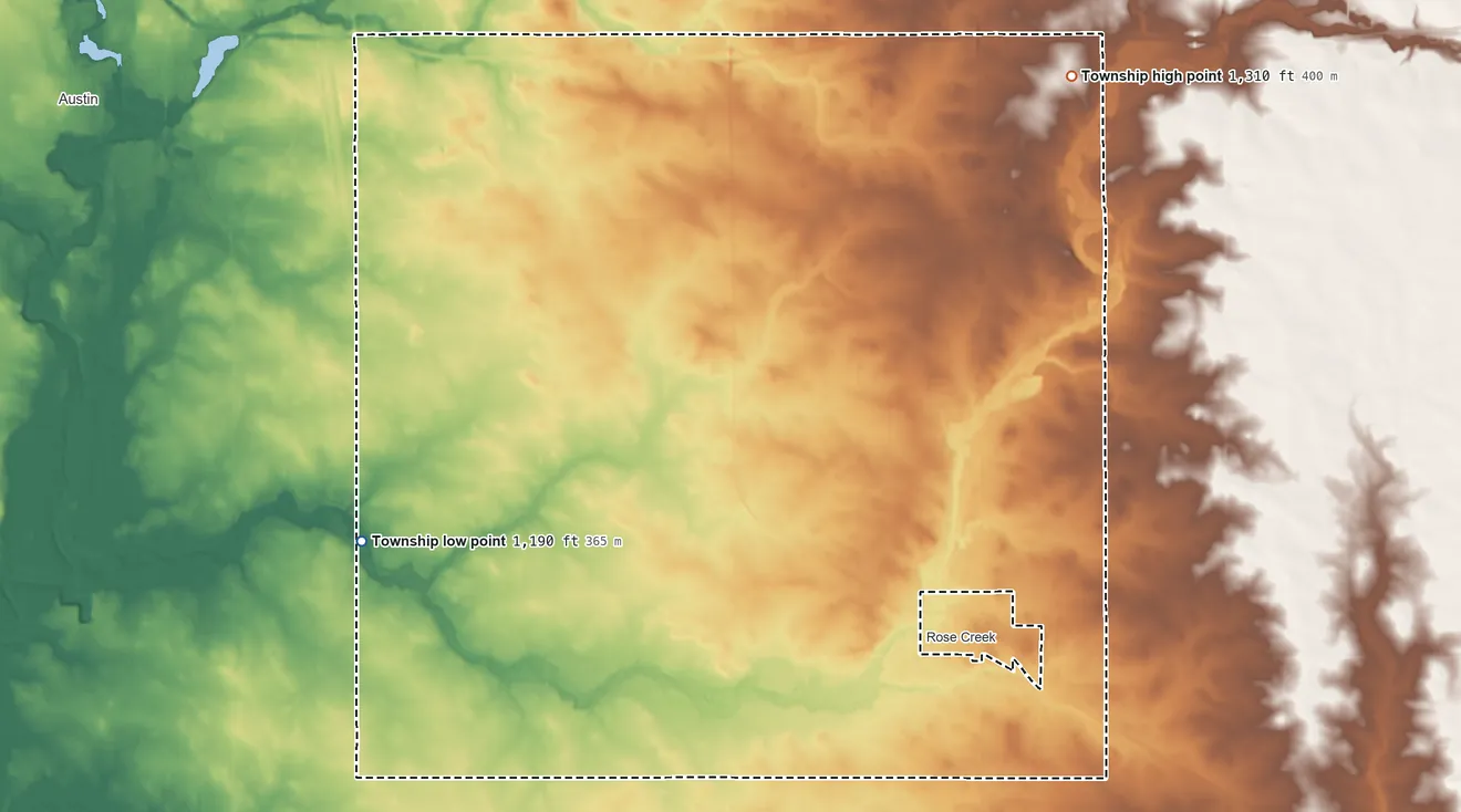 Topographic elevation map of Windom Township, Minnesota, shaded from 1,190 ft on the southwest side to 1,310 ft on the northeast side