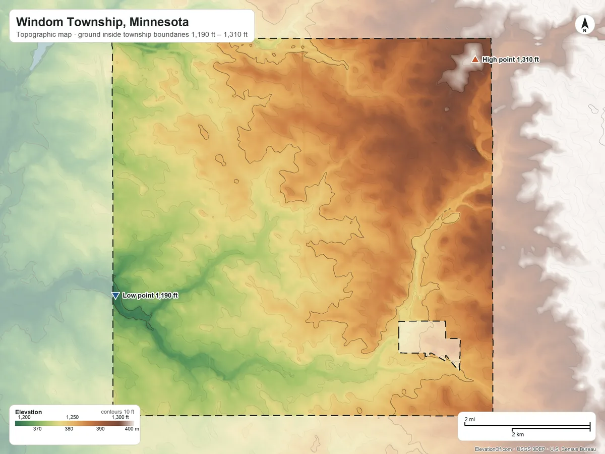 Topographic elevation map of Windom Township, Minnesota, shaded from 1,190 ft on the southwest side to 1,310 ft on the northeast side