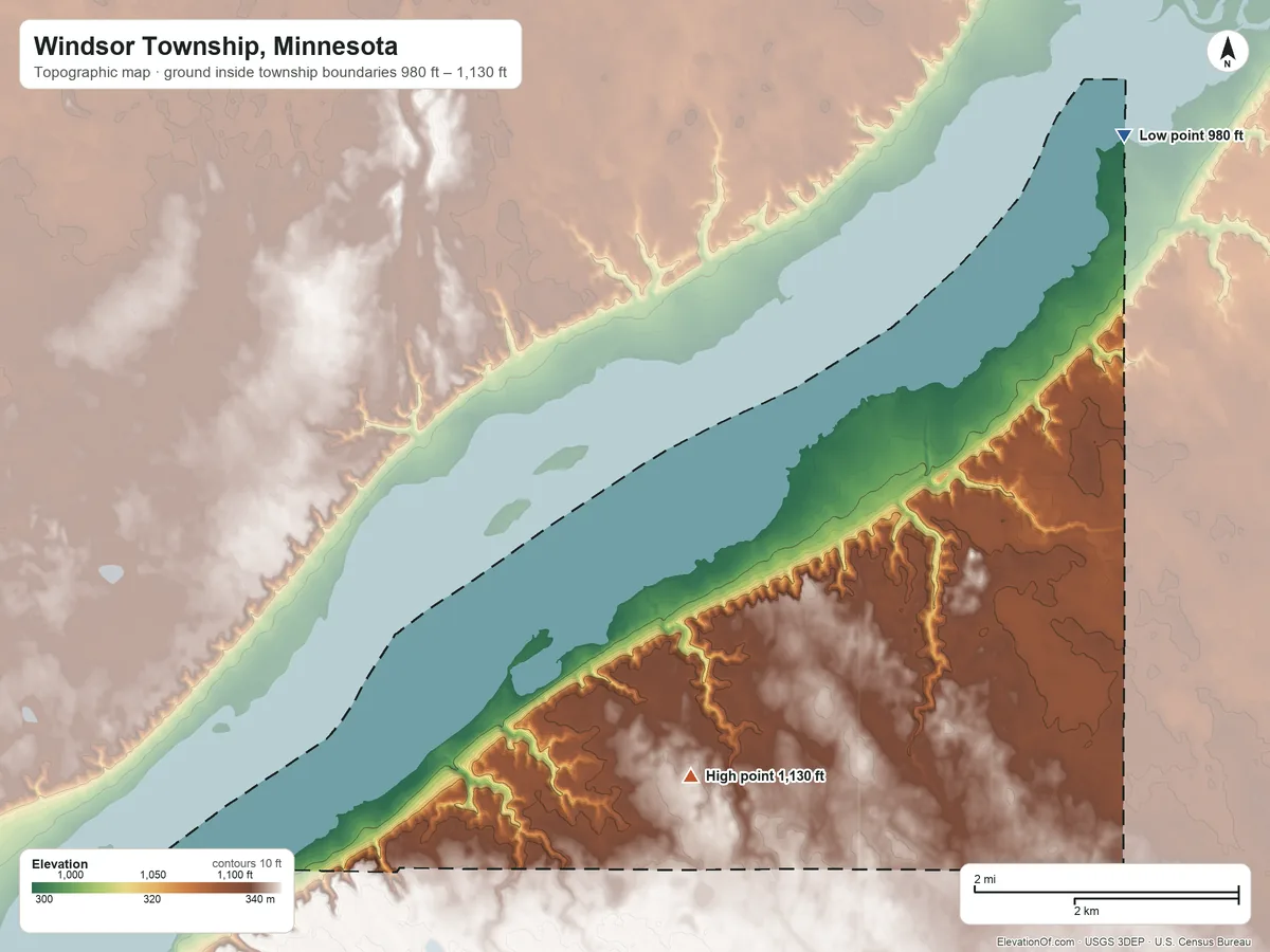 Topographic elevation map of Windsor Township, Minnesota, shaded from 980 ft on the northeast side to 1,130 ft on the southwest side