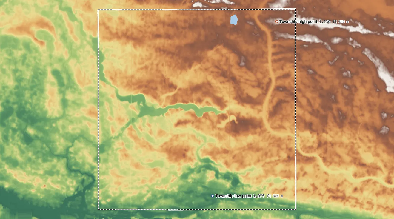 Topographic elevation map of Winfield Township, Minnesota, shaded from 1,070 ft on the south side to 1,130 ft on the northeast side