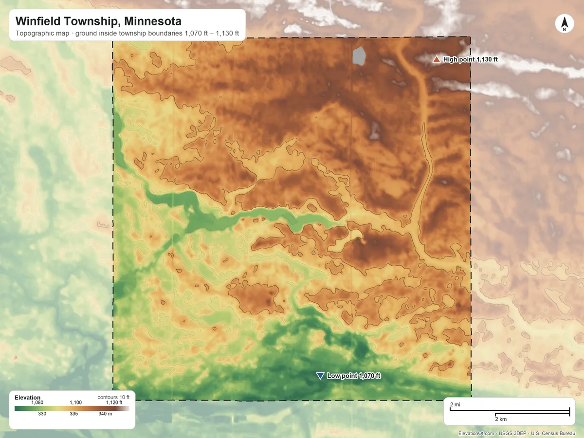 Topographic elevation map of Winfield Township, Minnesota, shaded from 1,070 ft on the south side to 1,130 ft on the northeast side