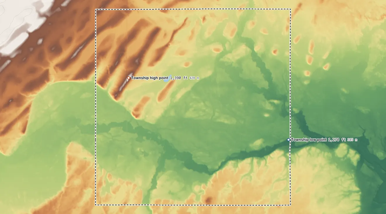 Topographic elevation map of Wing River Township, Minnesota, shaded from 1,270 ft on the southeast side to 1,390 ft on the west side